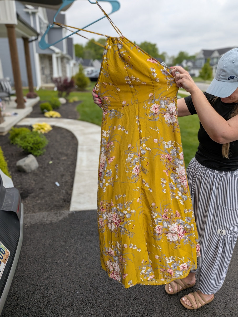 Mustard Yellow Floral Halter Midi Dress